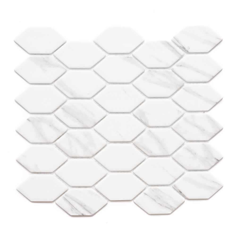 Elongated Hex 12"x12" Carrara Recycled Glass Matte Mosaic