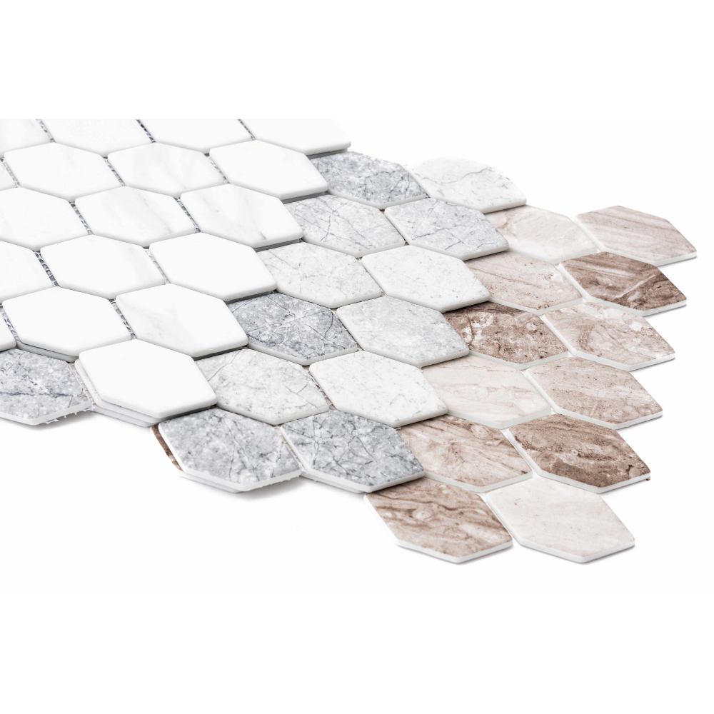 Elongated Hex 12"x12" Carrara Recycled Glass Matte Mosaic