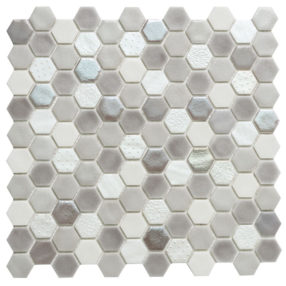 Timeless Hex 1"x1" Dove Recycled Glass Textured Mosaic