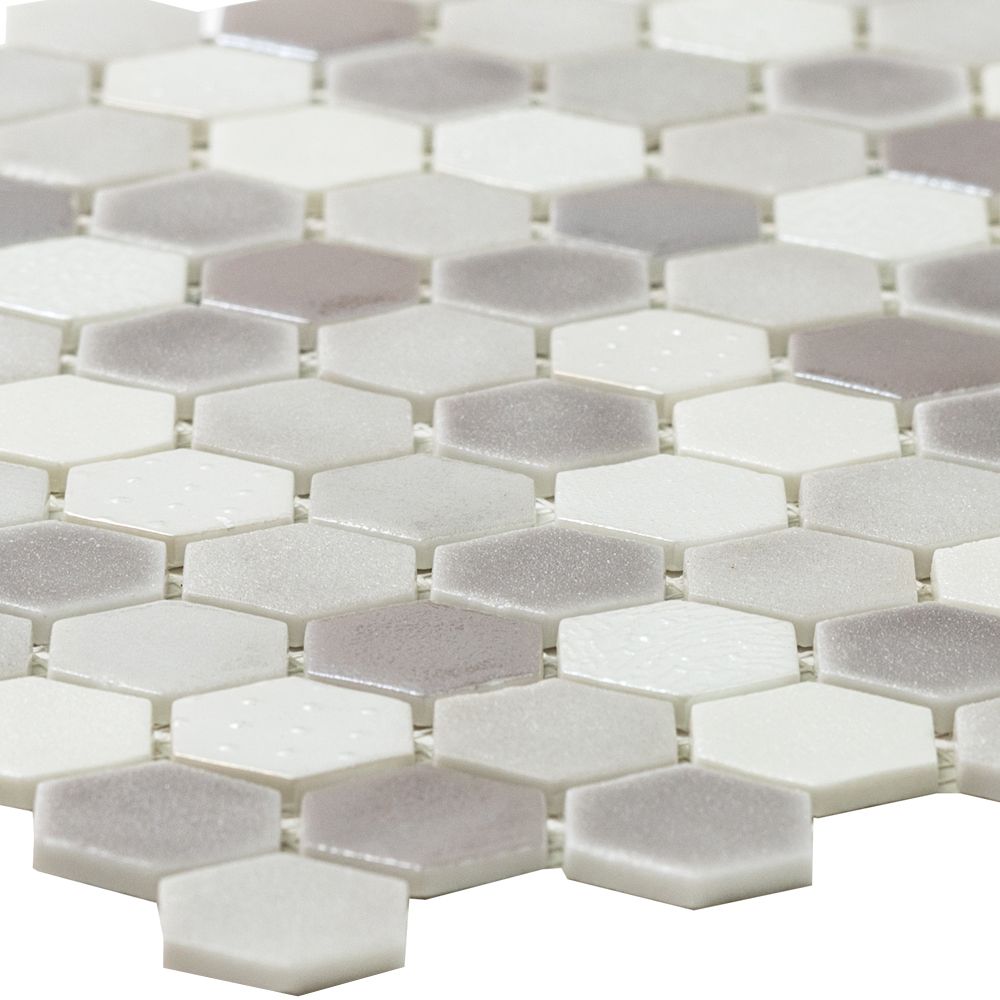 Timeless Hex 1"x1" Dove Recycled Glass Textured Mosaic