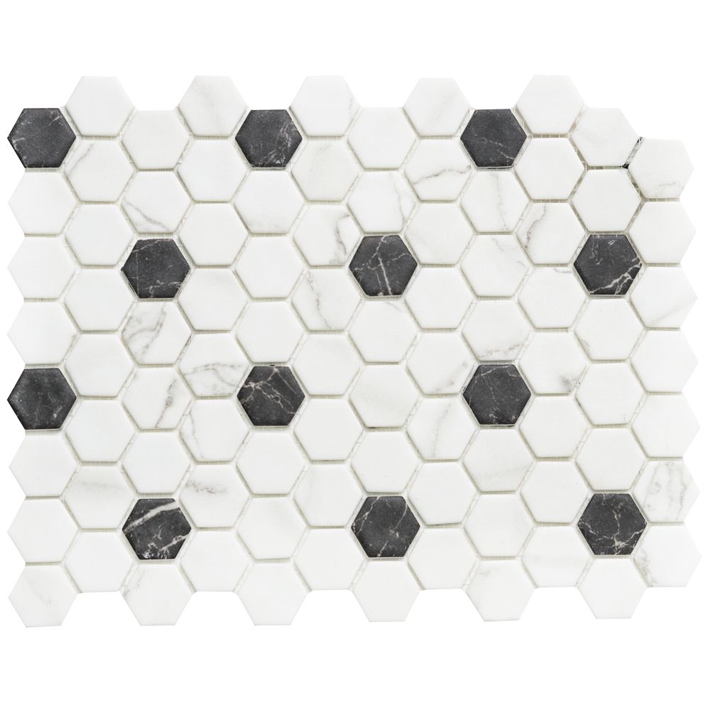 Timeless Hex Pattern 1"x1" Venato White Nero Marquina Recycled Glass Matte Mosaic