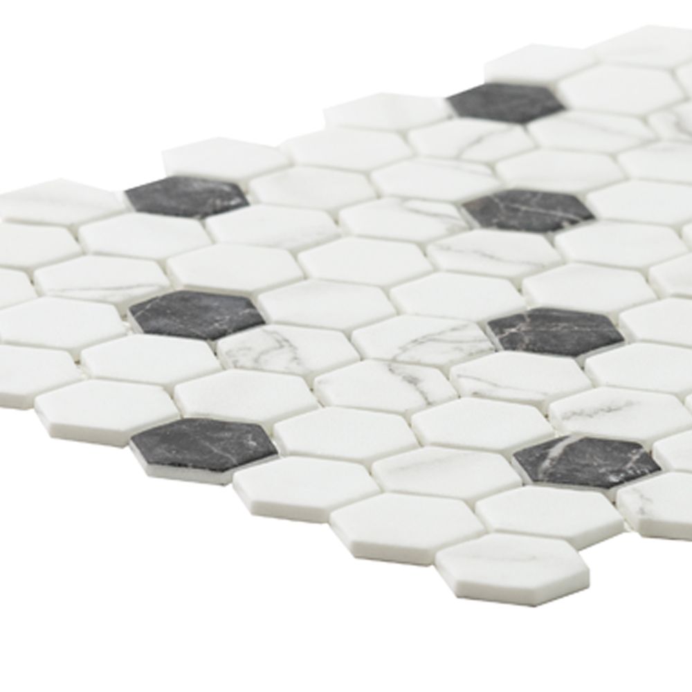 Timeless Hex Pattern 1"x1" Venato White Nero Marquina Recycled Glass Matte Mosaic