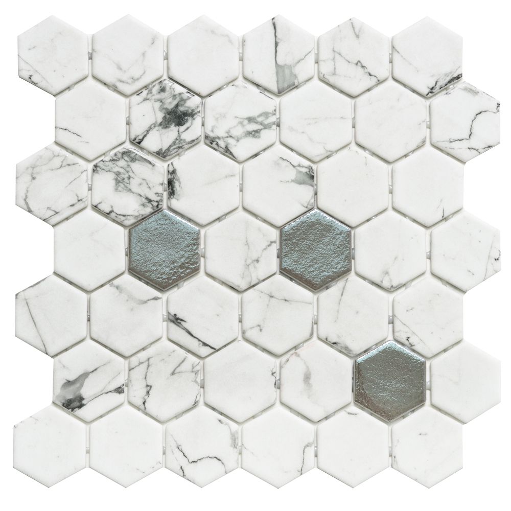 Timeless Hex XL 2"x2" Fosco Argent Recycled Glass Matte Mosaic