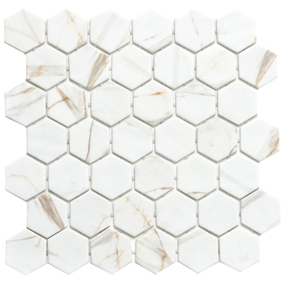 Timeless Hex XL 2"x2" Calacatta Gold Recycled Glass Matte Mosaic