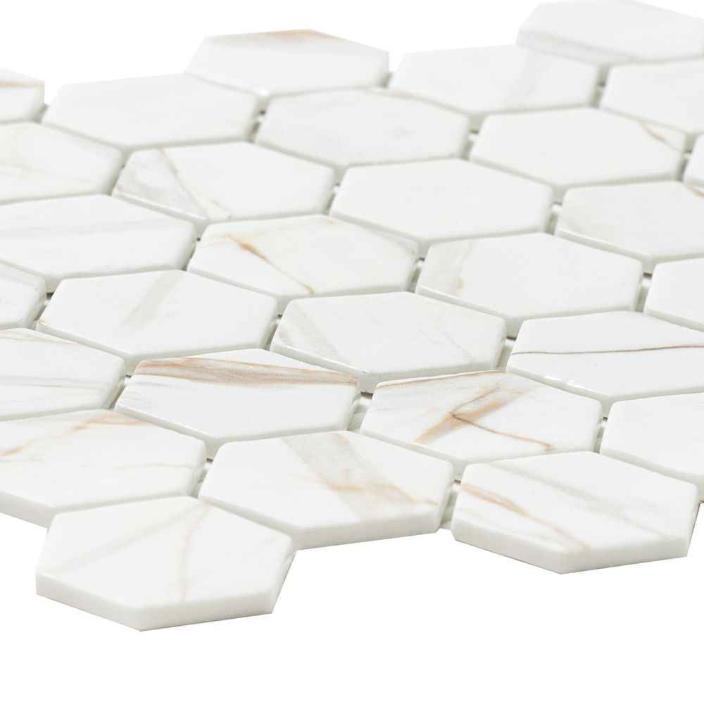 Timeless Hex XL 2"x2" Calacatta Gold Recycled Glass Matte Mosaic