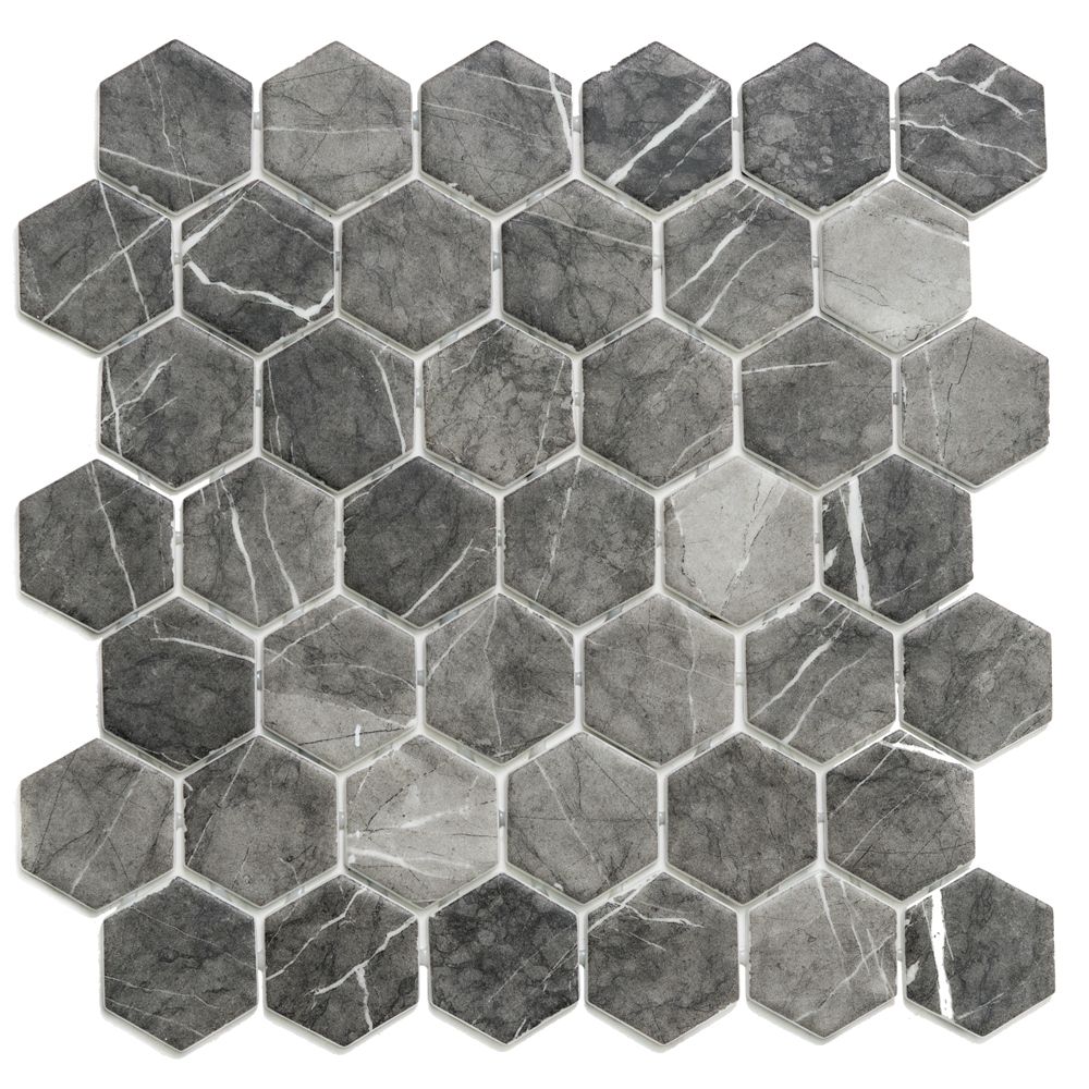 Timeless Hex XL 2"x2" Grafito Recycled Glass Matte Mosaic