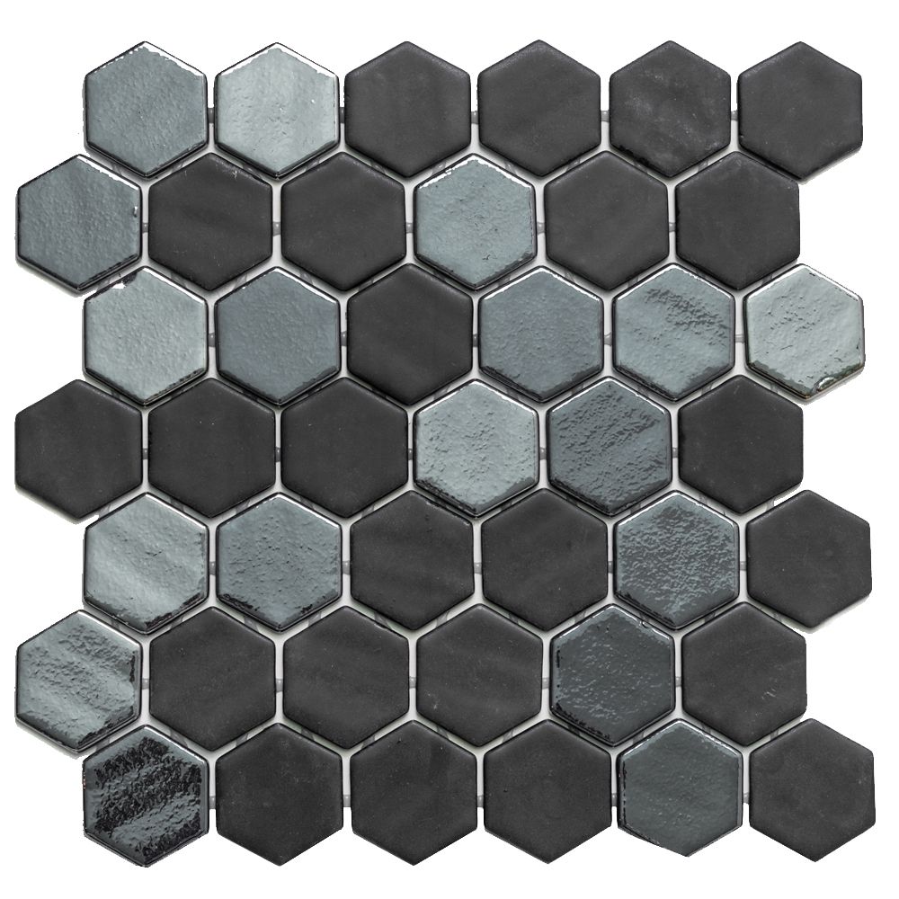 Timeless Hex XL 2"x2" Opalo Black Recycled Glass Matte Mosaic