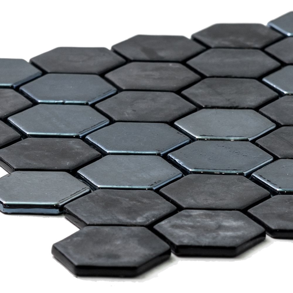 Timeless Hex XL 2"x2" Opalo Black Recycled Glass Matte Mosaic