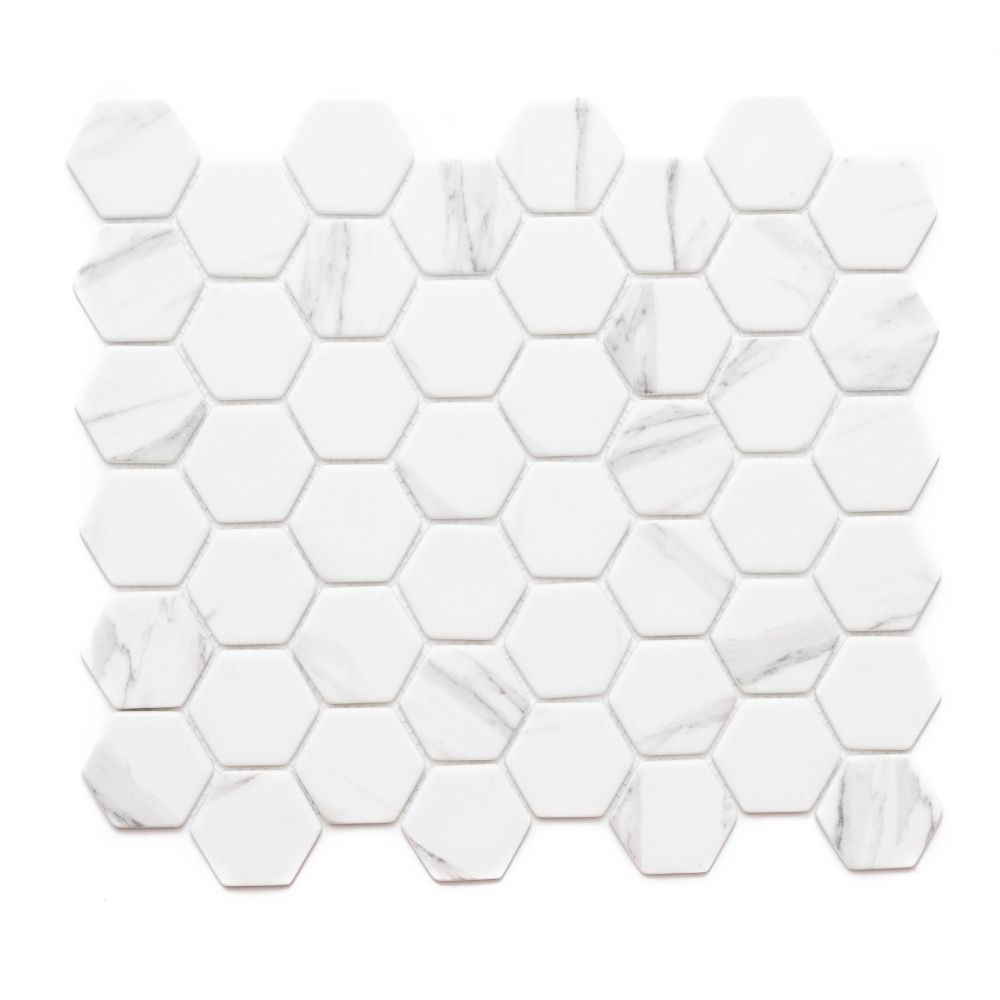 Recycled Hexagon 12"x12" Carrara Recycled Glass Matte Mosaic