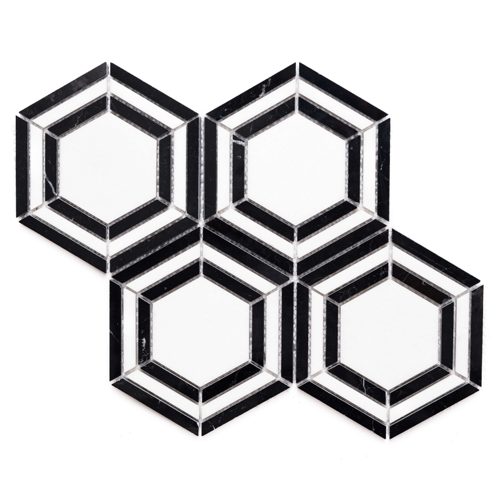 Large Hex 6"x6" Nero And Thassos White Marble Polished Mosaic